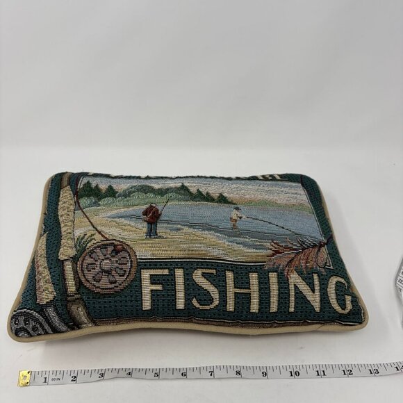 Vintage throw pillow I'd Rather Be Fishing green tan lake needlepoint tapestry - Picture 7 of 9